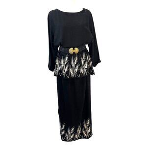 Saint Germain Paris Skirt and Blouse Set Ladies LARGE Embroidered Black Linen